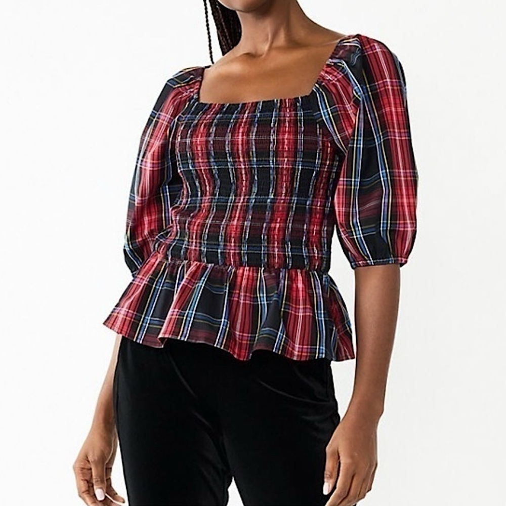 NWT Draper James RSVP Plaid Smocked Peplum Top Red Black Blue Yellow Size Small